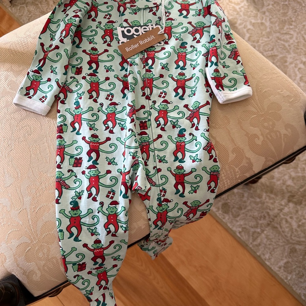 Roller Rabbit Kids Zipper Footie with Red Monkey Print-Mint